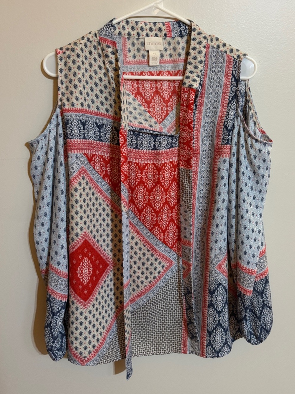 Chico's Red, Navy & White Cold-Shoulder Long-sleeved Patchwork Blouse